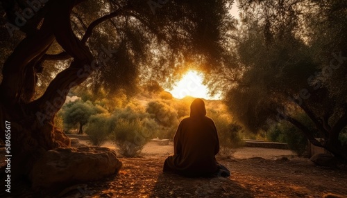 Photograph of Jesus praying in the garden of Gethsemane. Generative AI