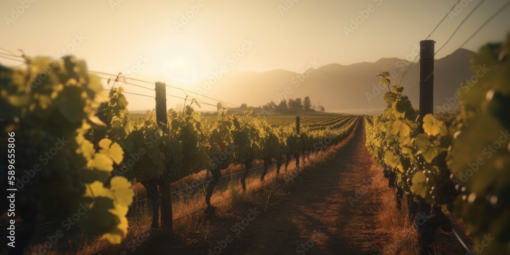 Vineyards at sunset with beautiful light. Generative AI