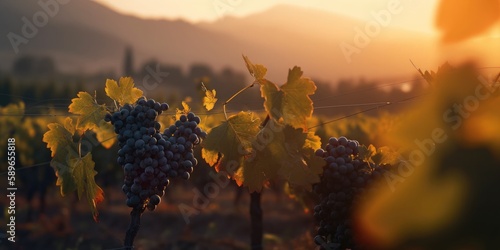 Vineyards at sunset with beautiful light. Generative AI photo