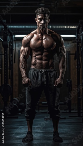 Muscular bodybuilder male athlete demonstrates her body in the gym. Generative AI © Mustafa