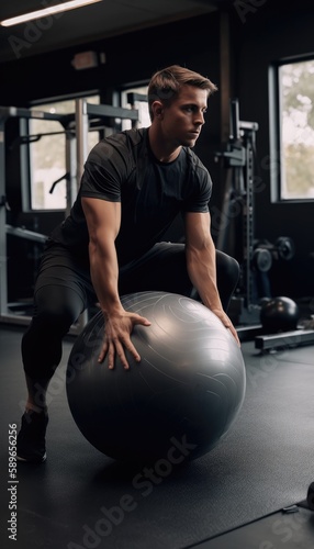 Photo of male athlete working out on pilates ball. Generative AI