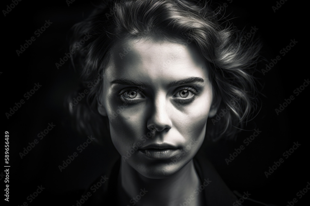 Dramatic portrait of a woman with a fierce and intense gaze in monochromatic style, generative ai