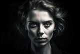 Dramatic portrait of a woman with a fierce and intense gaze in monochromatic style, generative ai