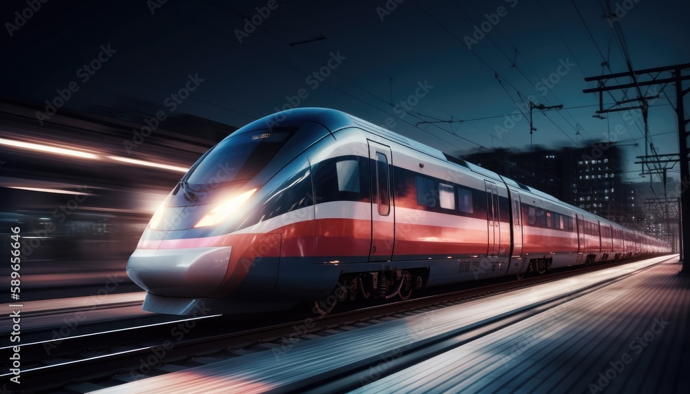 Photo of modern high speed train passing through the city at night. Generative AI
