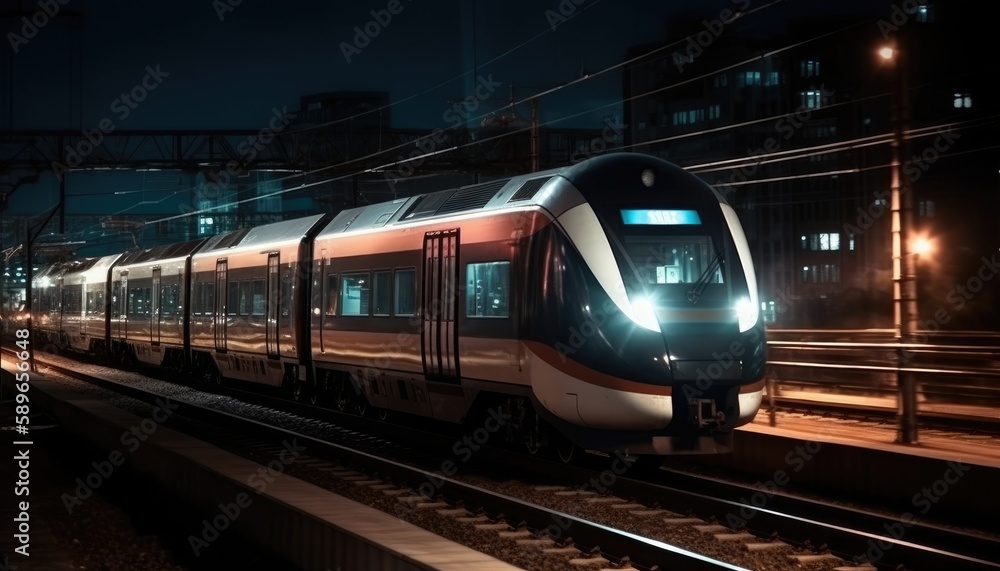 Naklejka premium Photo of modern high speed train passing through the city at night. Generative AI