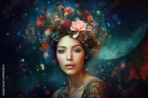 Dreamlike Woman with a Floral Headdress in a Cosmic Landscape, generative ai