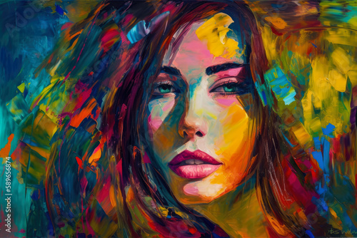 Dreamy portrait of a woman with vibrant colors and bold brushstrokes in Post-Impressionism style, generative ai