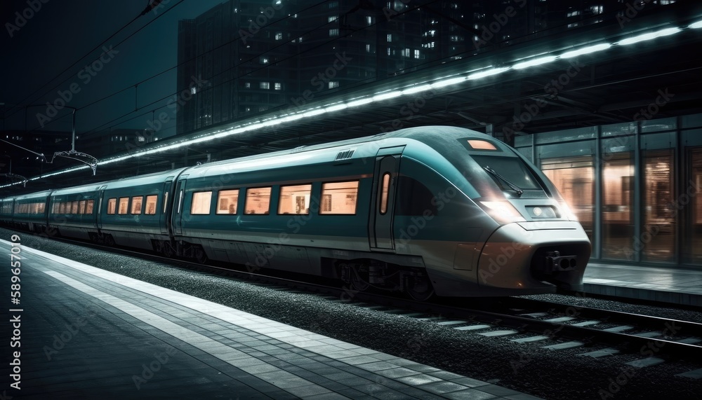 Photo of modern high speed train passing through the city at night. Generative AI