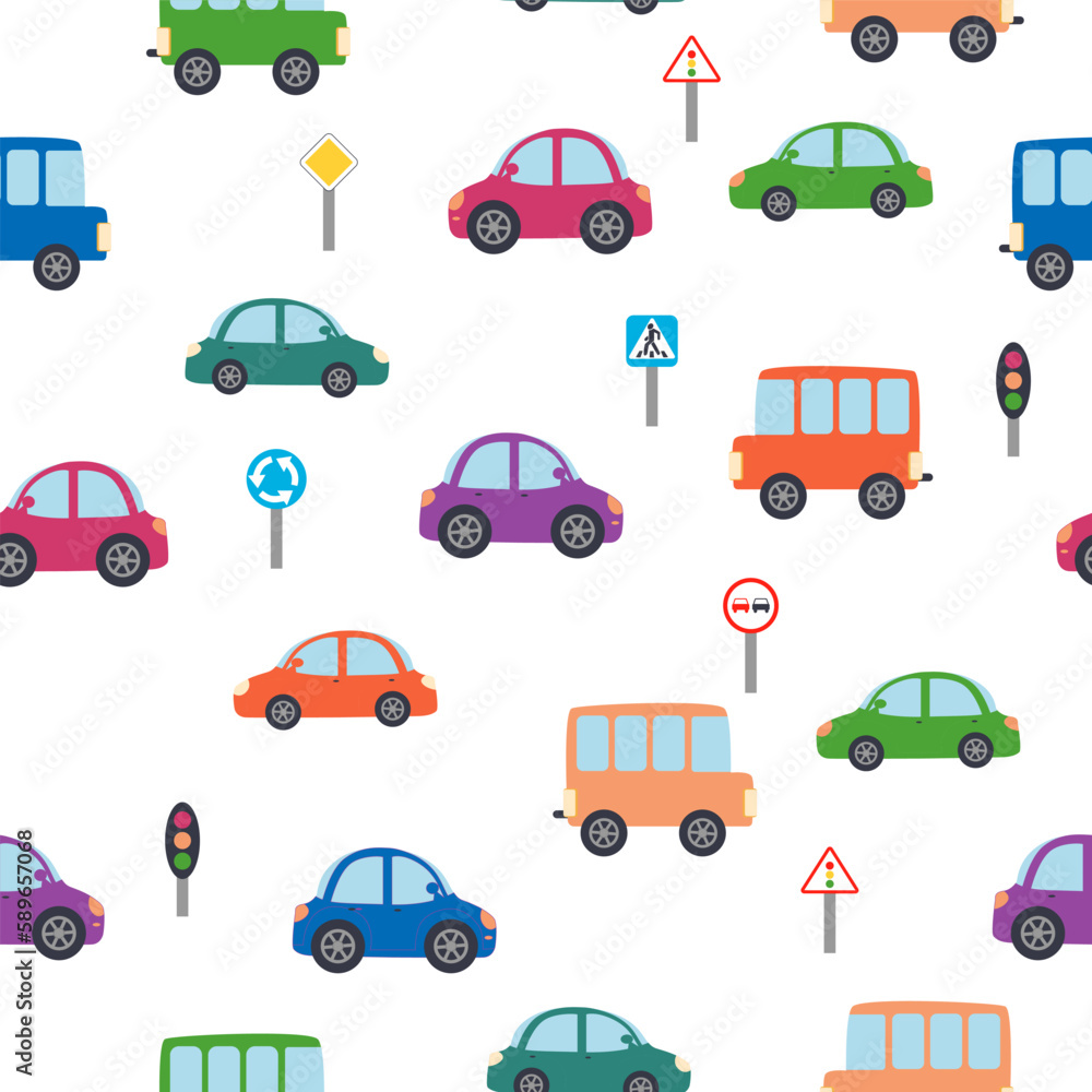 Cars, buses, trains, houses and roads, city seamless childish pattern