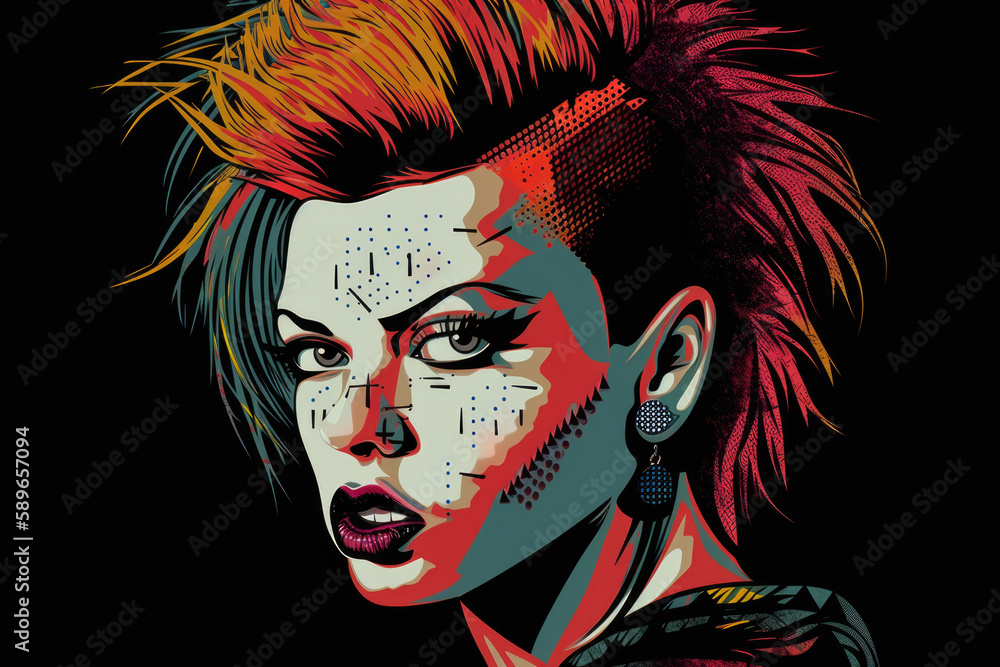 Edgy Pop Art Portrait of a Rebellious Woman with Punk Rock Elements and Dark Colors, generative ai Edgy Pop Art Portrait of a Rebellious Woman with Punk Rock Elements and Dark Colors, generative ai