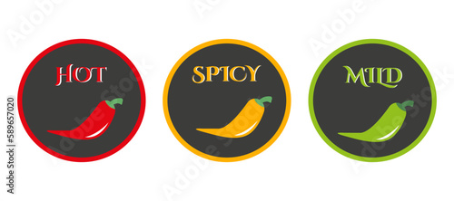 Labels of the level of hot pepper in food. Hot, spicy and mild icon with red, yellow and green chilli peppers. 