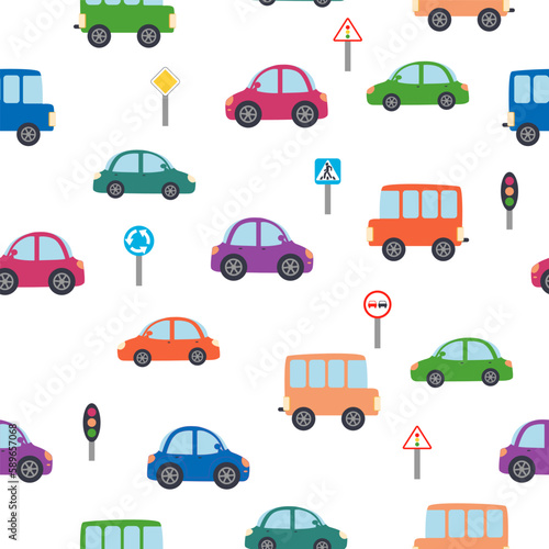 Cars  buses  trains  houses and roads  city seamless childish pattern