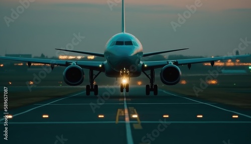 Close-up shot of the plane landing on the runway. Generative AI