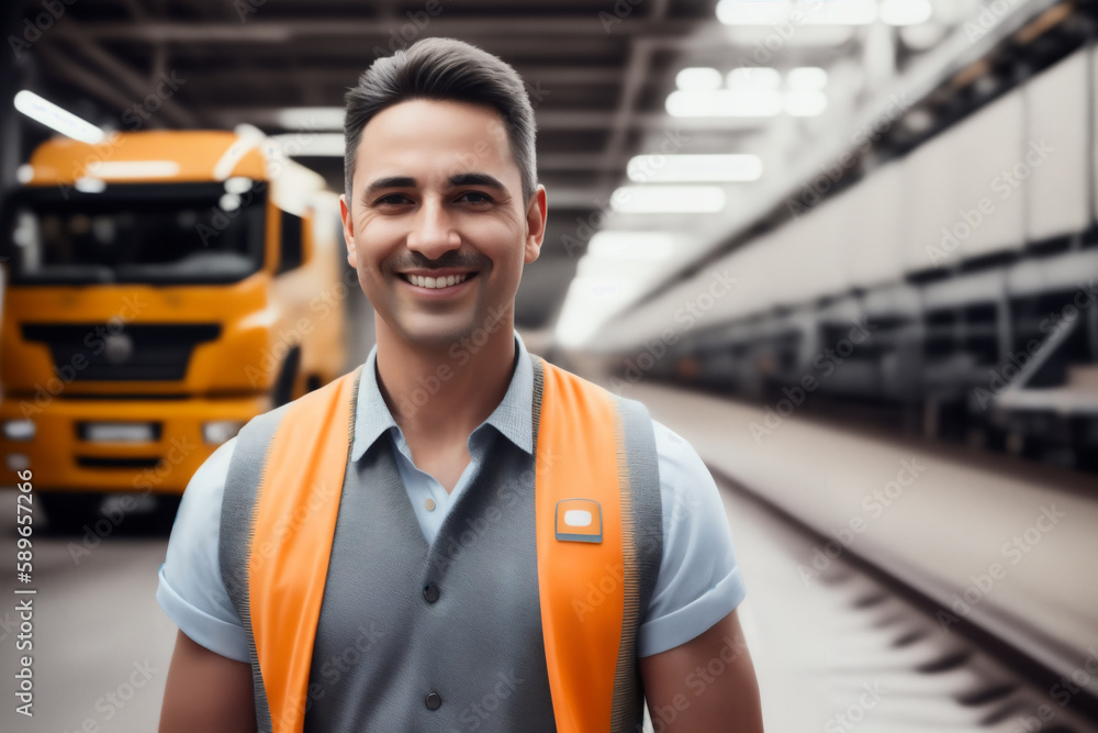 Portrait of the male factory worker in an orange vest and industry car assembly line background. Generative AI Portrait of the male factory worker in an orange vest and industry car assembly line background. Generative AI