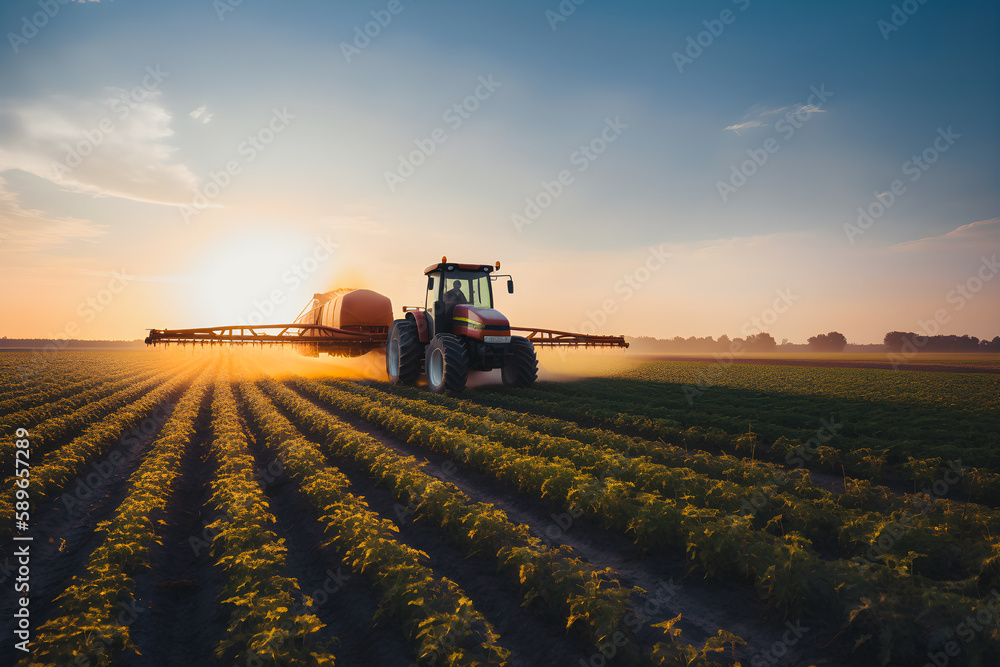 Tractor spraying pesticides on soybean field with sprayer at spring. Generative AI - obrazy, fototapety, plakaty 
