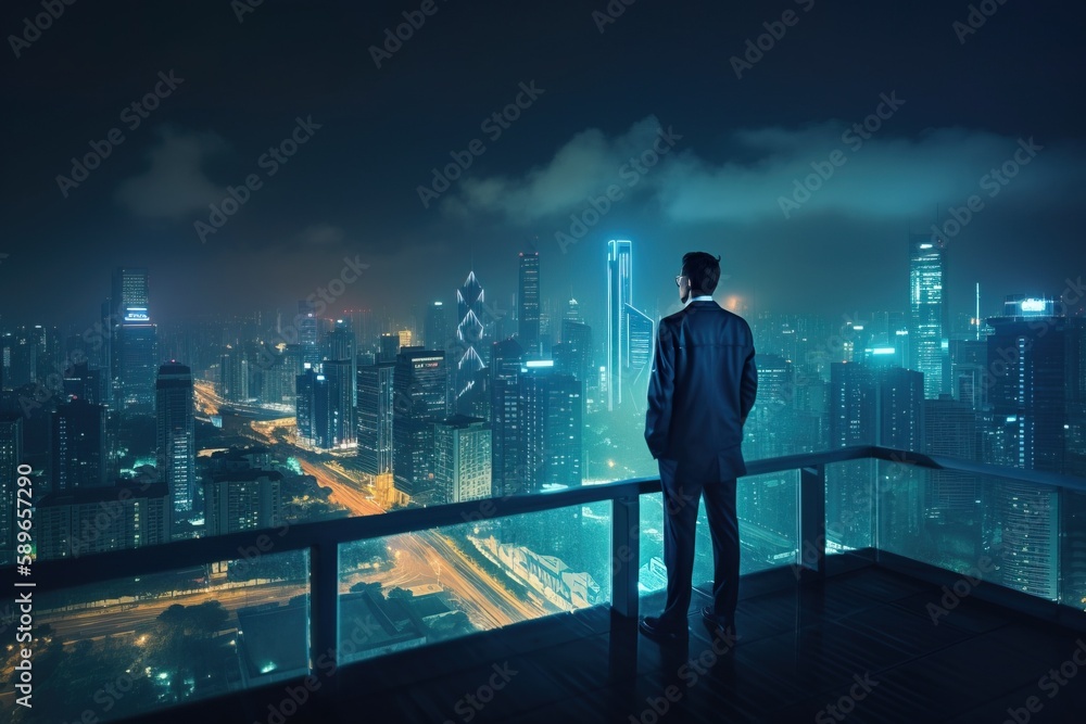 A businessman in a suit stands on top of a skyscraper on a blurred cyberpunk futuristic city panorama background with bright neon lights. Photorealistic Generative AI illustration. A businessman in a suit stands on top of a skyscraper on a blurred cyberpunk futuristic city panorama background with bright neon lights. Photorealistic Generative AI illustration.
