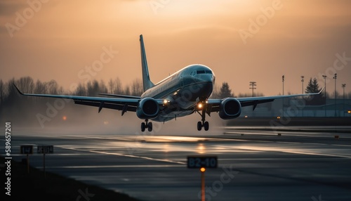 Close-up shot of the plane landing on the runway. Generative AI