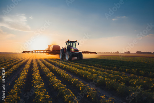 Tractor spraying pesticides on soybean field with sprayer at spring. Generative AI photo