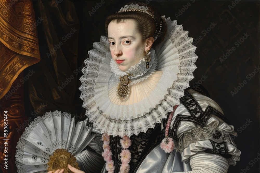 Elaborate Portrait of a Baroque Lady with a Fan and a Pearl Necklace, generative ai