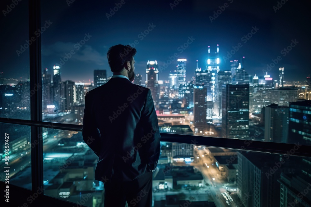 A businessman in a suit stands on top of a skyscraper on a blurred cyberpunk futuristic city panorama background with bright neon lights. Photorealistic Generative AI illustration. A businessman in a suit stands on top of a skyscraper on a blurred cyberpunk futuristic city panorama background with bright neon lights. Photorealistic Generative AI illustration.