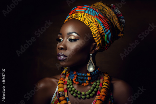 Elegant African woman with a bold tribal makeup look, wearing a beaded choker necklace and a colorful headwrap, generative ai