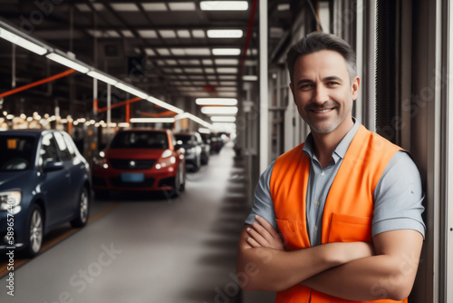 Portrait of the male factory worker in an orange vest and industry car assembly line background. Generative AI