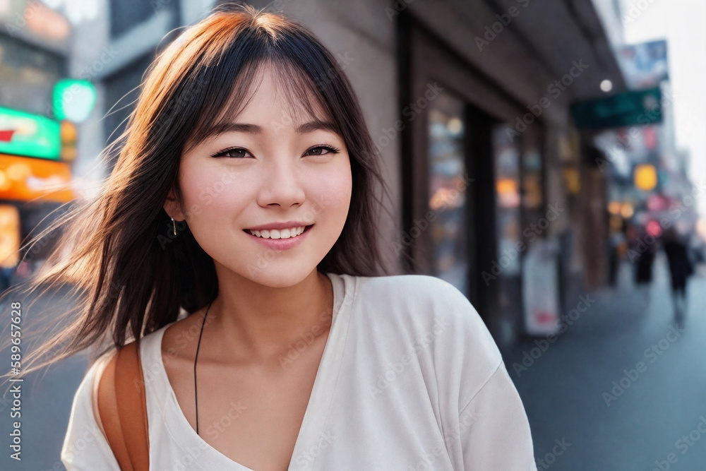 A beautiful asian woman portrait, city street as background. Generative AI.