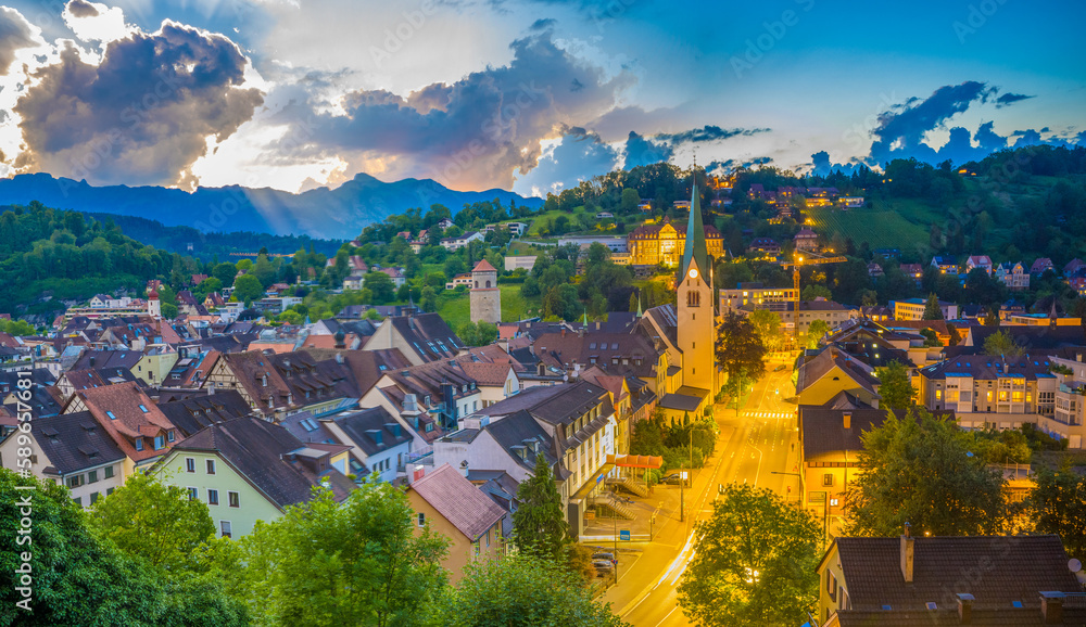 City of Feldkirch, State of Vorarlberg, Austria. Day to Night transition.