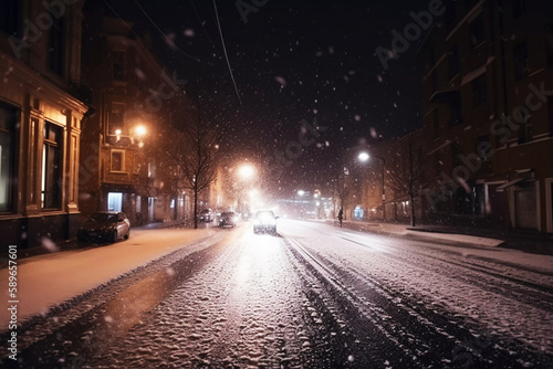 snowy street. slush and snow in the city. ai generated