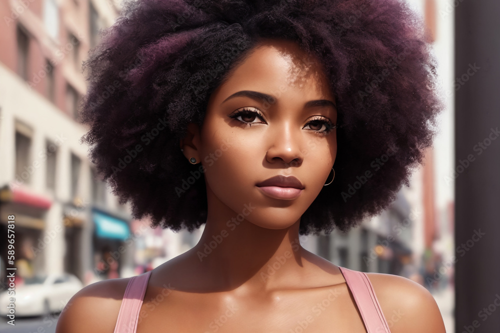 A beautiful african american woman portrait, city street as background. Generative AI. A beautiful african american woman portrait, city street as background. Generative AI.