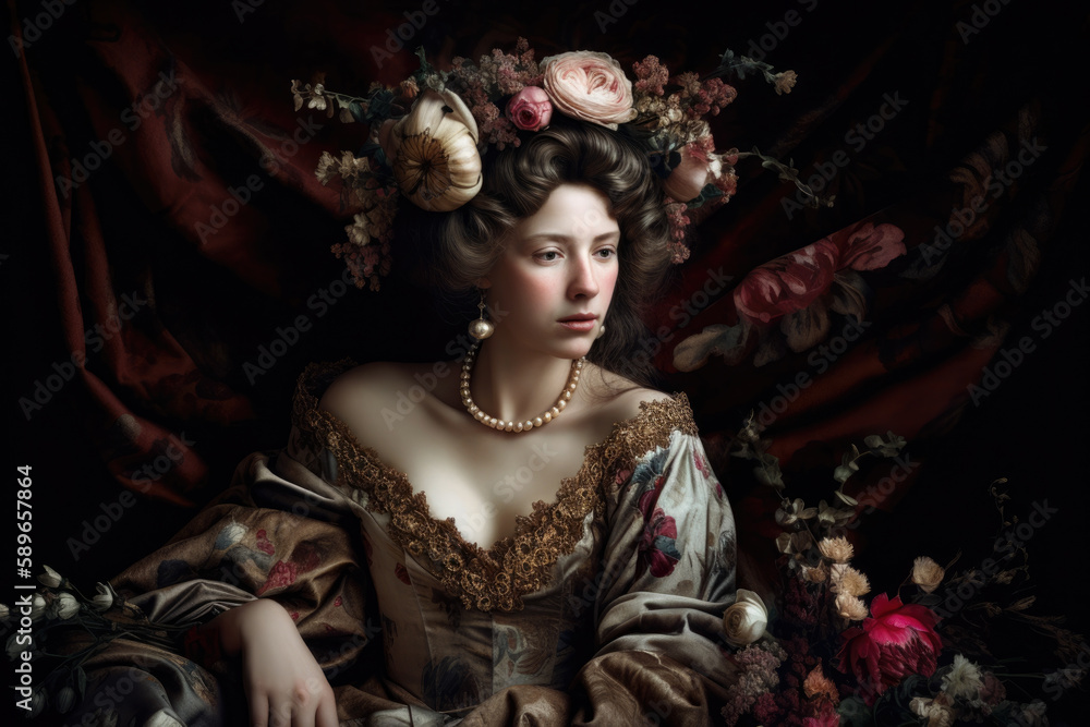 Elegant portrait of a regal woman with a crown of flowers, draped in luxurious fabrics and radiating sophistication, generative ai