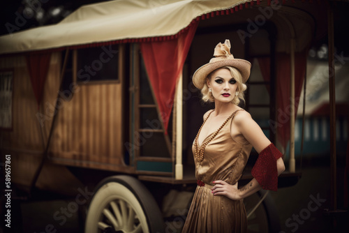 Elegant portrait of a woman in a vintage circus costume standing in front of a circus wagon, generative ai