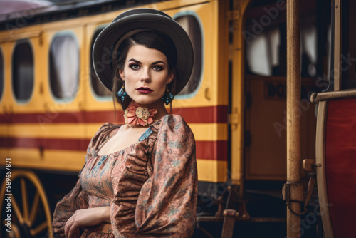 Elegant portrait of a woman in a vintage circus costume standing in front of a circus wagon, generative ai