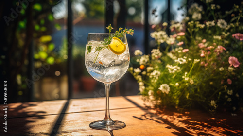 A frosted glass of clear gin and tonic sits on a wrought iron patio table, surrounded by lush greenery and colorful flowers. Generated AI photo