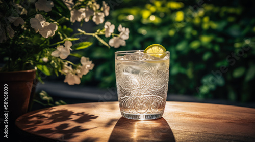 A frosted glass of clear gin and tonic sits on a wrought iron patio table, surrounded by lush greenery and colorful flowers. Generated AI