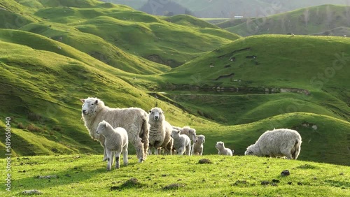 Big group of sheep and lambs on scenic countryside. New Zealand photo