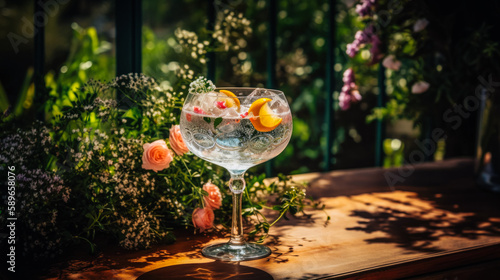 A frosted glass of clear gin and tonic sits on a wrought iron patio table, surrounded by lush greenery and colorful flowers. Generated AI photo