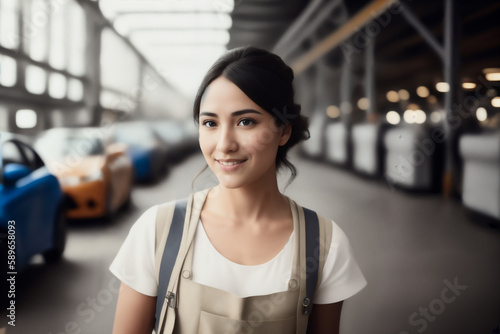Free Download Portrait of the female factory worker in an orange vest and industry car assembly line background. Generative AI - GFXLoad