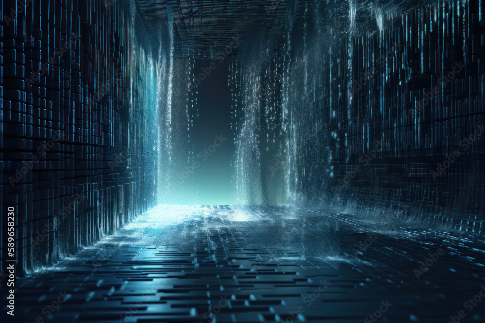 Fototapeta premium Digital waterfall, flowing binary code concept. Generative AI illustration