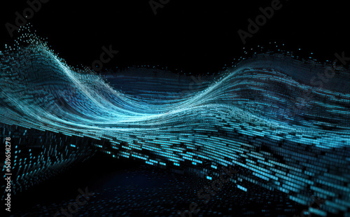 Waves of binary code over black background, ocean of information concept. Generative AI illustration