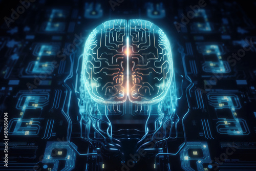 Glowing cyber brain over circuit board, human-machine interface concept. Generative AI illustration