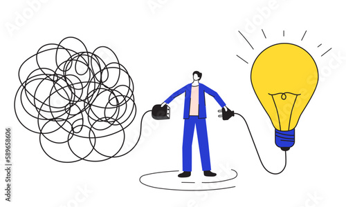 Businessman finds solution for business problems. Creativity idea. Answer to a difficult question. Overcome difficulty. Man connect tangle of thoughts with light bulb. Metaphor of innovation