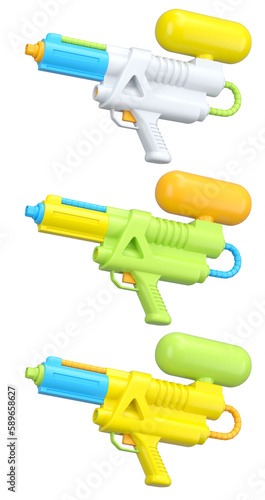 Set of plastic water gun toy for playing in swimming pool on white background