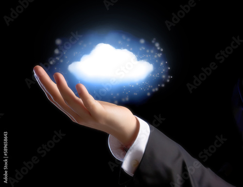 Cloud floating above a hand of a man in business suit, cloud servises concept. Generative AI illustration