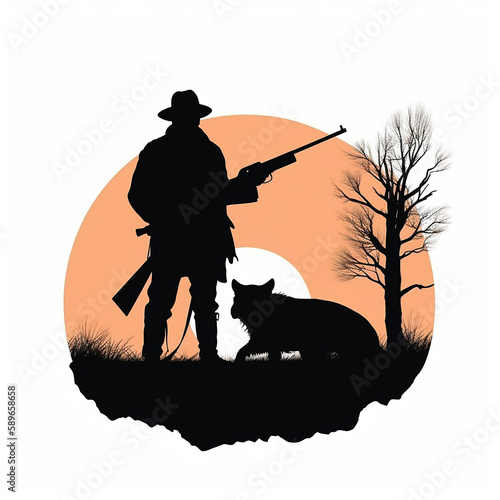 silhouette of hunter with gun and dog.