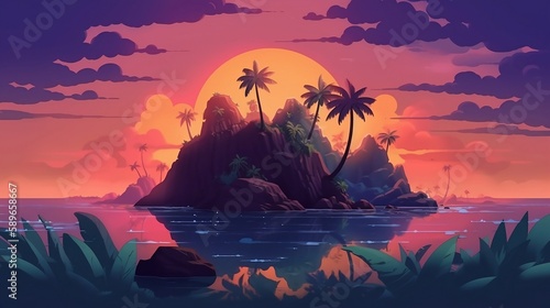 sunset over the ocean, sunset on the sea, sunset over the sea, tropical deserted island, Created using generative AI © AMAA
