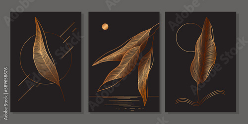Set of luxury gold wall art. Golden leaves, linear branches, tropical leaf. Abstract minimalist art mural illustration with linear plants, geometric elements on black background