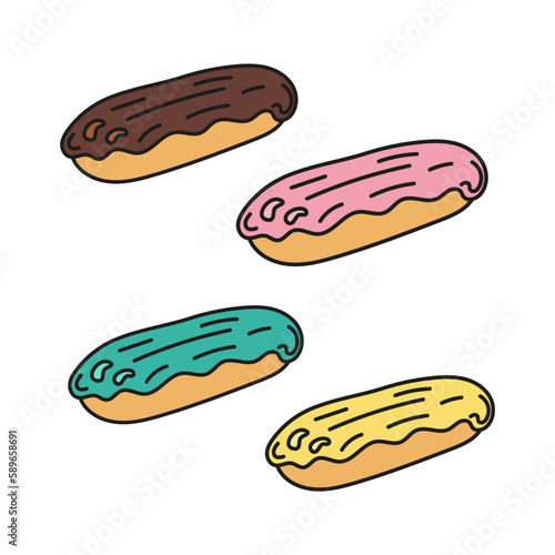 Set eclairs with different icing isolated. Doodle Vector illustration. Concept sweets shop, cafe.