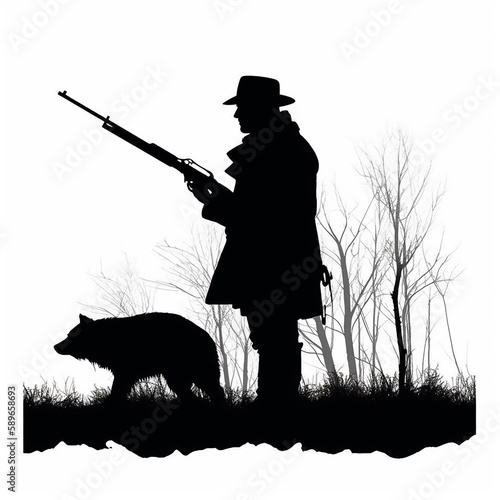 silhouette of hunter with gun and dog. photo