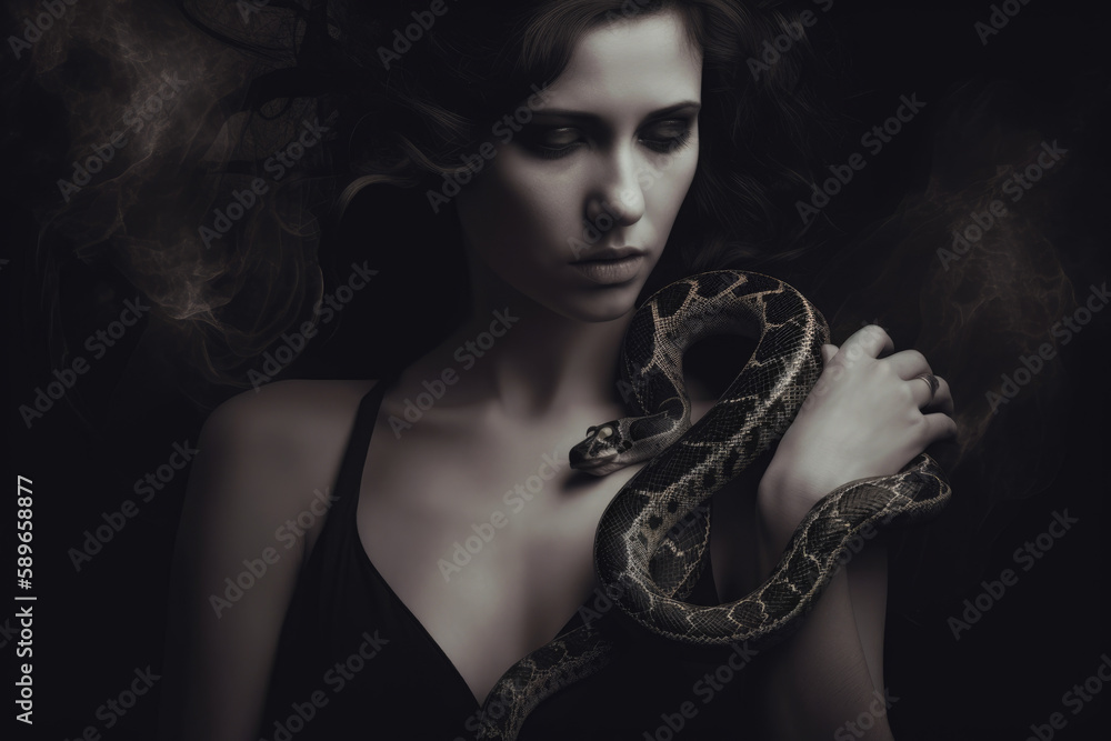 enigmatic portrait of a woman with a snake coiled around her arm ...